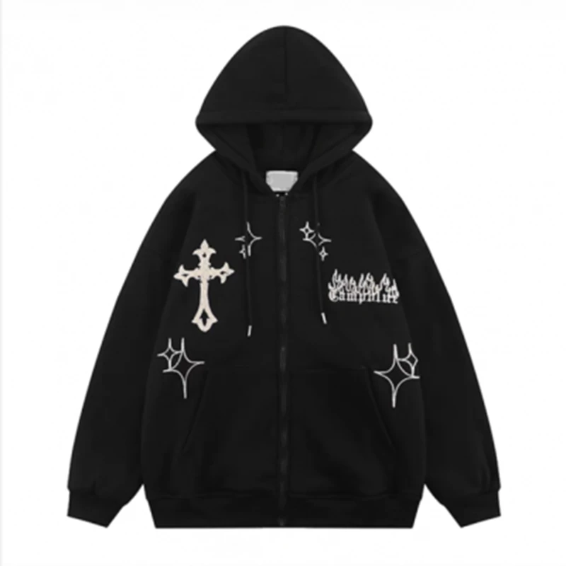 Y2K Hoodies Retro Cross Embroidered Hip Hop Harajuku Casual High Street Gothic Sweatshirt Streetwear Hoodie Clothes Zip Hoodie