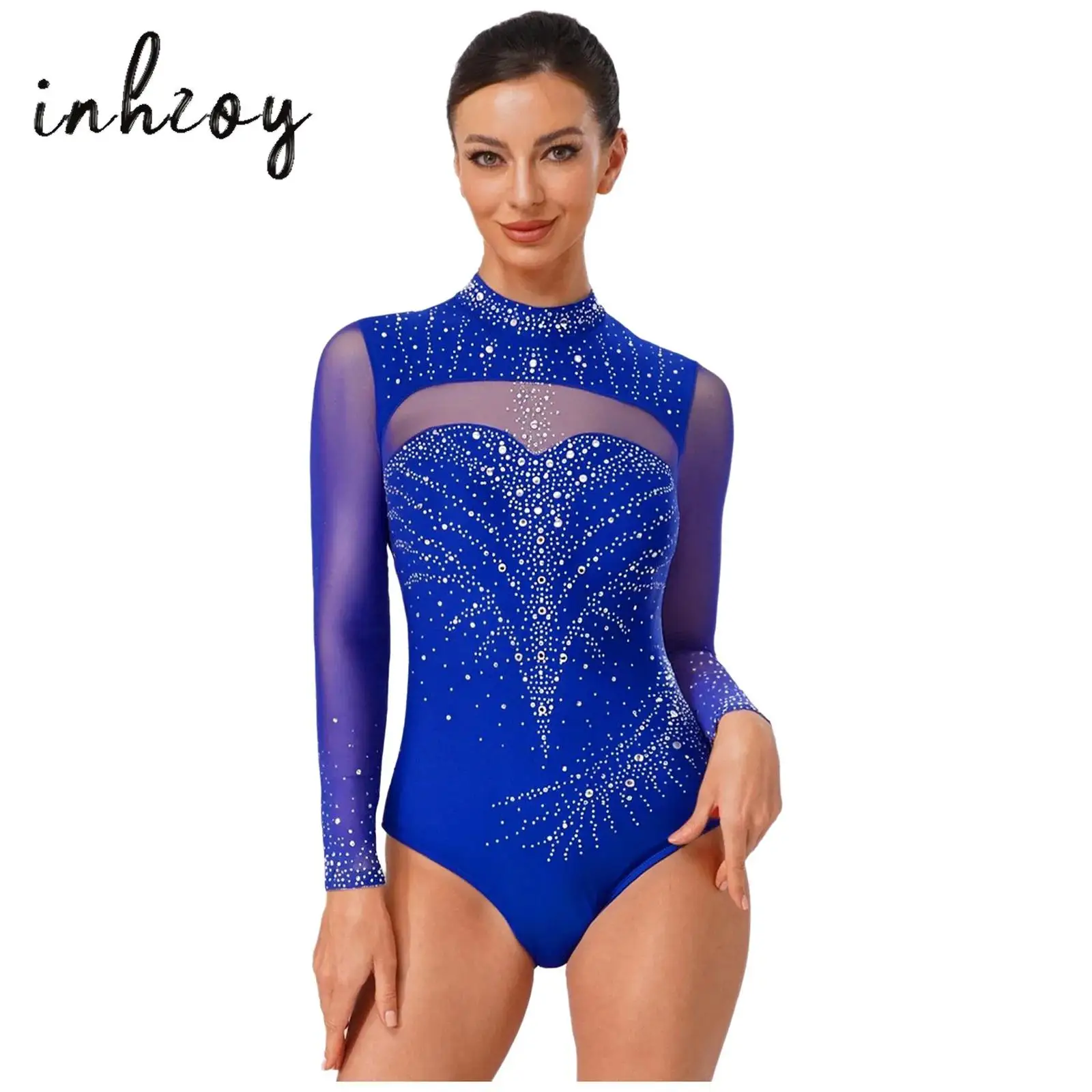 

Women Figure Skating Jumpsuit Turtleneck Long Sleeve See-through Mesh Rhinestone Leotards for Artistic Gymnastics Competition