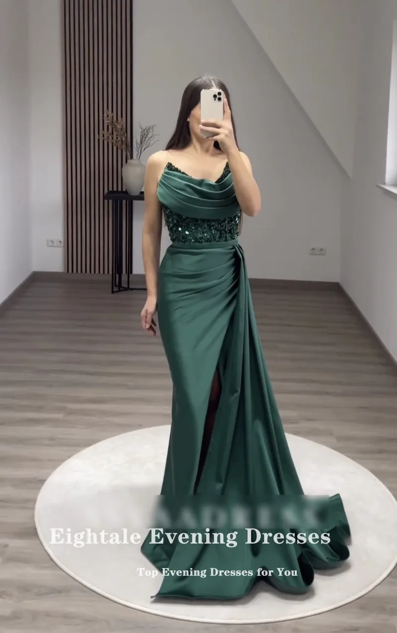 Eightale Green Evening Dress for Wedding Party Beaded V-Neck Pleats Mermaid Satin Prom Gowns vestido elegante mujer para fiesta