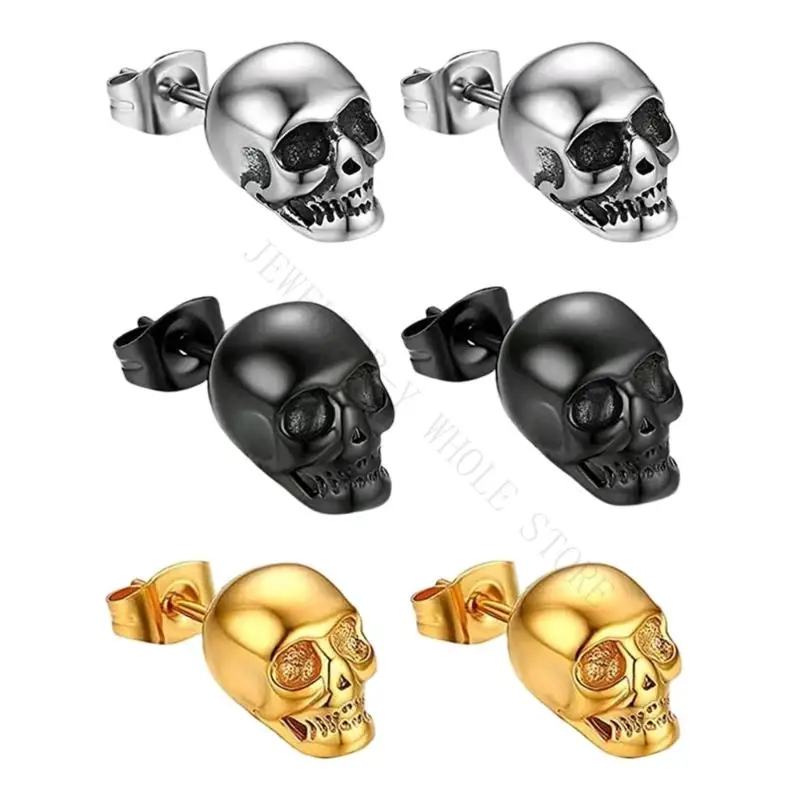 R7UF Costume Ready Skull Studs Pair, Vintage Gothic Alloy Look with Secure Back for Halloween and Edgy Outfit Styling