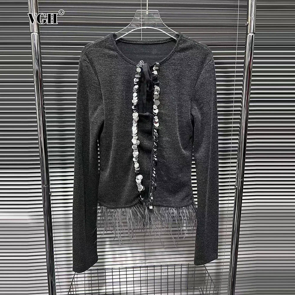 

VGH Повседневная модная вязаная футболка с кисточками для женщин с круглым вырезом и длинными рукавами, лоскутные тонкие кардиганы с блестками, женская одежда