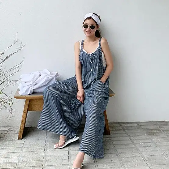 الكورية Sle وزرة مخططة غير رسمية المرأة فضفاضة بنطال ذو قصة أرجل واسعة مع كيتس كبيرة بنطلون طويل عالية الخصر تخفيف Sle