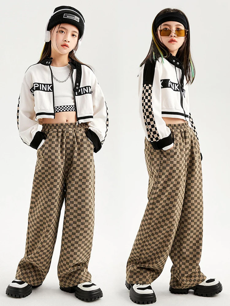 Moderne Tanz Kleidung Für Mädchen Jazz Crop Mantel Karierten Hosen Mode Hip Hop Leistung Outfit Kpop Konzert Bühne Tragen BL9677