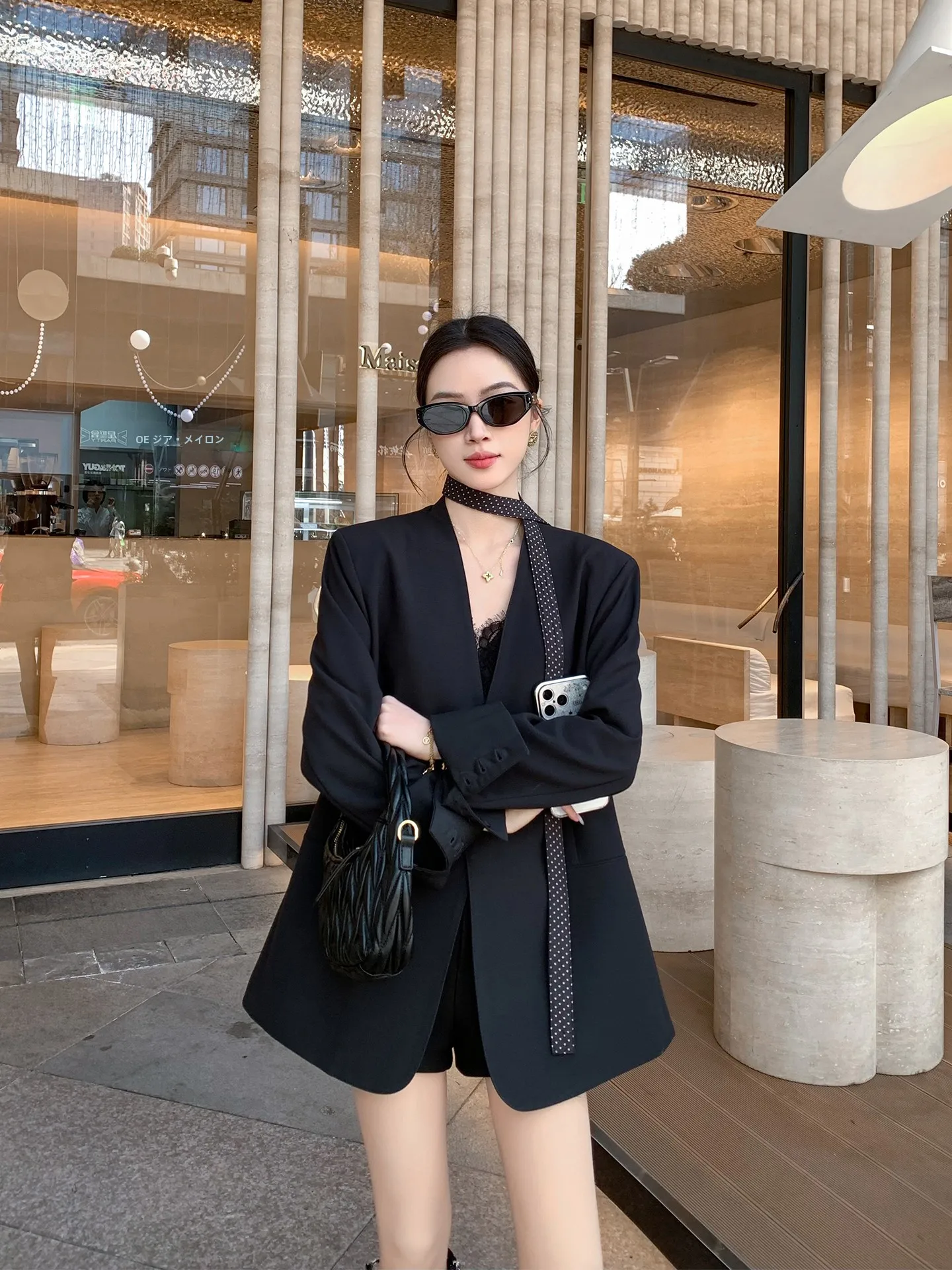 Black Polka Dot Sash Casual Suiting Women's Spring New Minimalist Style Versatile Outerwear Breathable Polyester Fiber Long S...