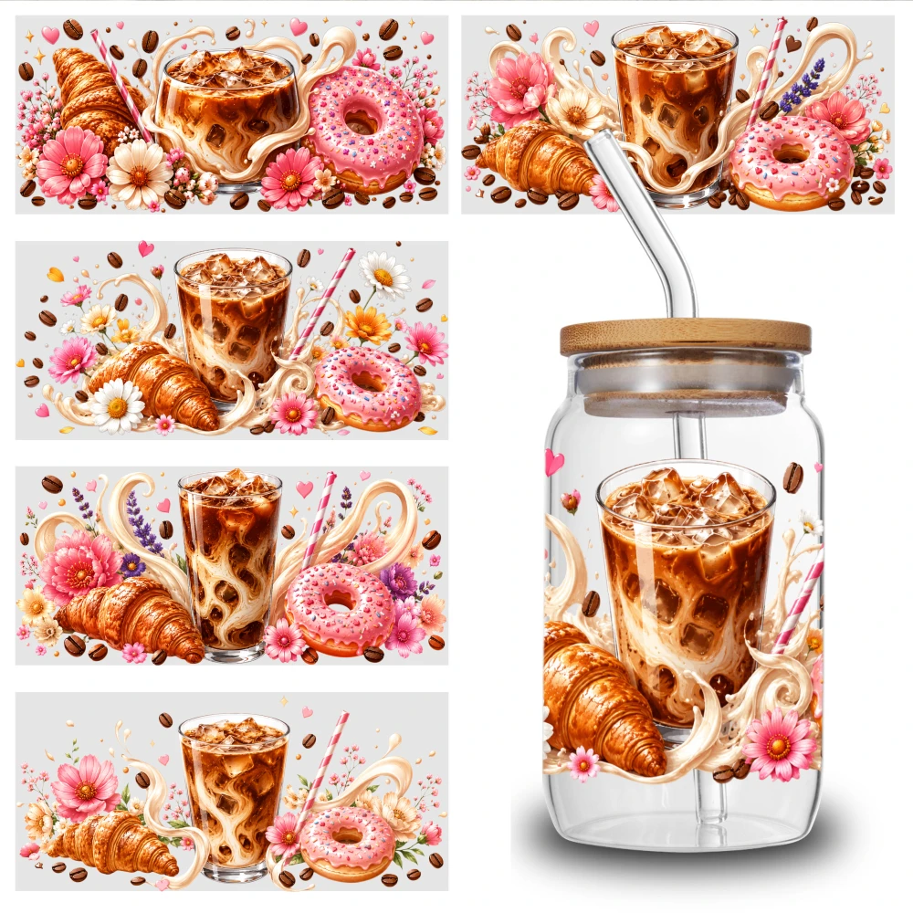 5 Sheets Iced Coffee Croissant Donut Floral Pattern UV DTF Stickers Waterproof Rub on Transfers Mug Decoration Gift Waterproof