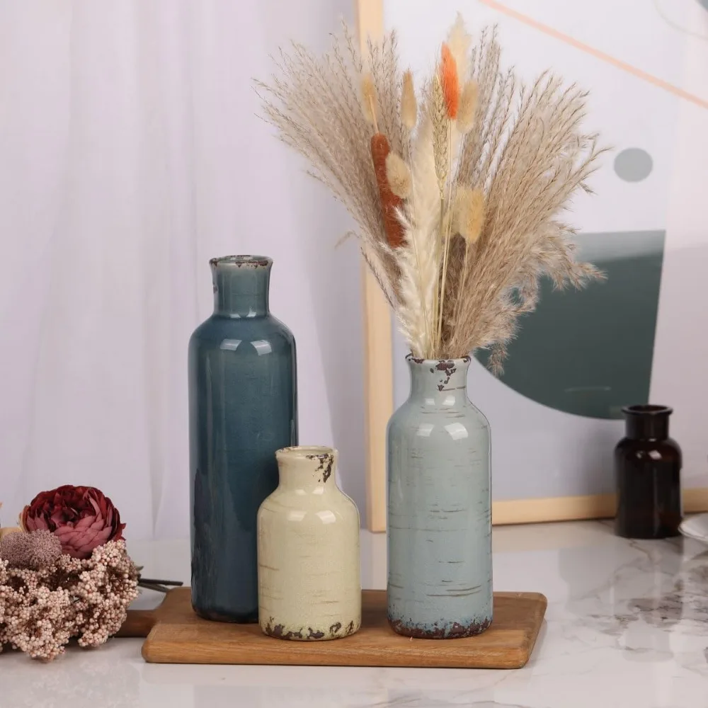 3-Piece Multicolor Ceramic Vase Set - Coastal Farmhouse Decor for Living Room, Dining Table, Shelf Display