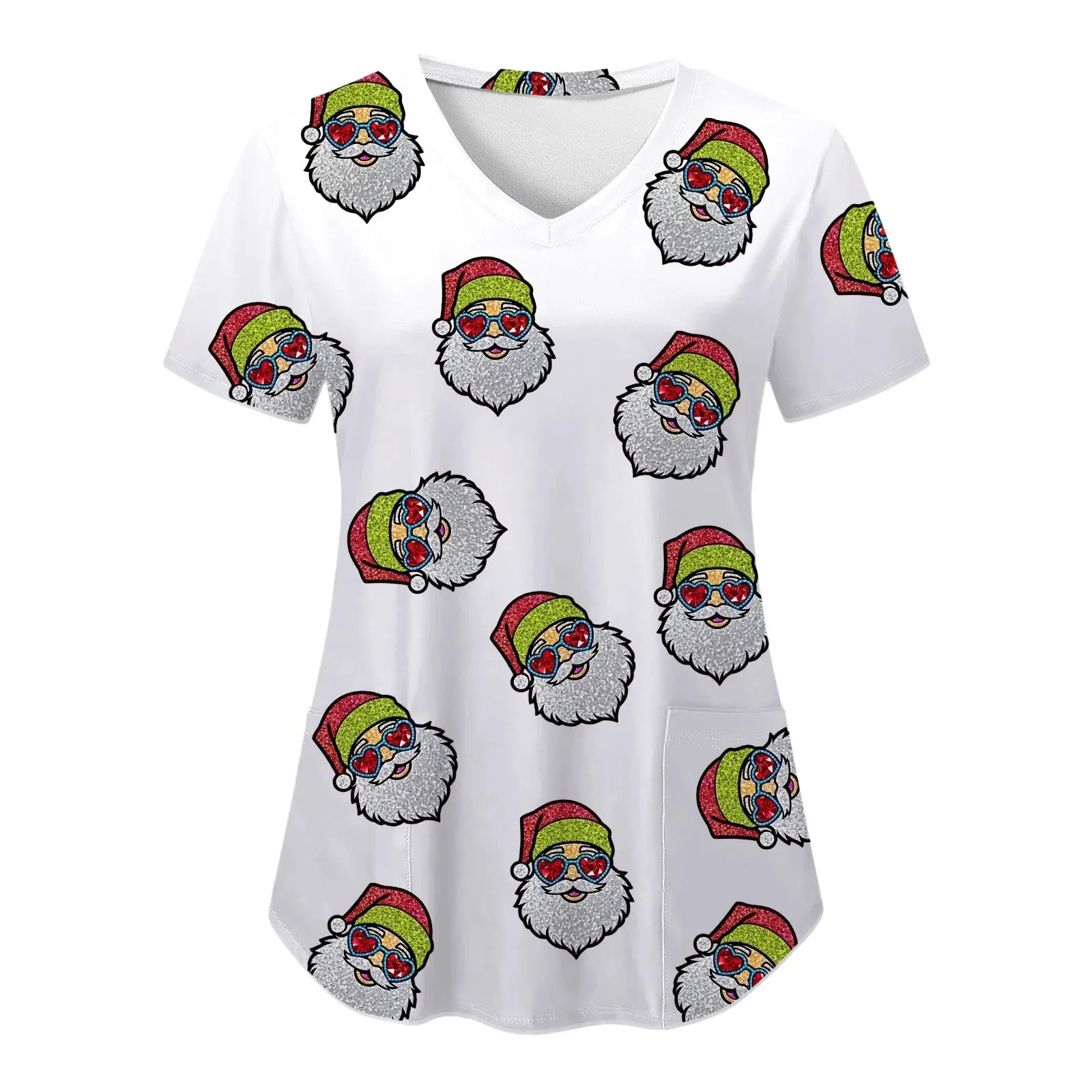 クリスマス臨床ユニフォーム女性サンタクロース漫画プリント歯科スクラブトップス V ネック半袖ポケット付きナースユニフォーム女性