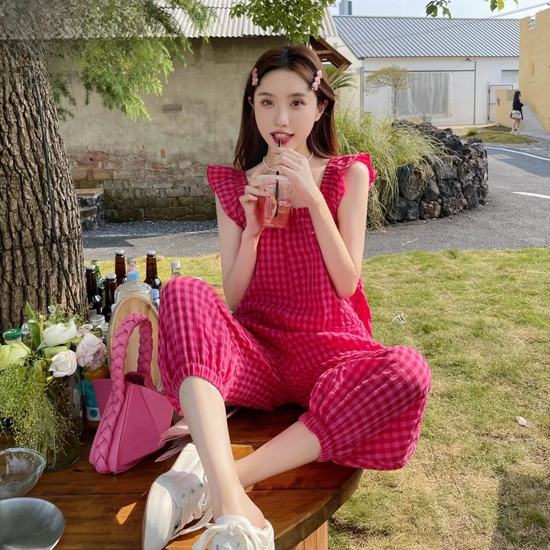 

Summer 2026 Korean Style Thin Strap Onesie Pants Women Loose Wide Leg Slimming Cuffed Pants High Waist Polyester Fiber Casual...