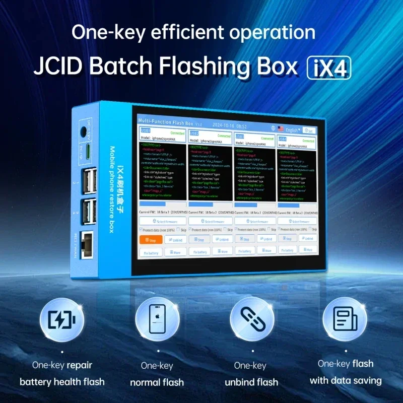 IX4 Batch Flashing Restore Box, One-Click Unbind & Battery Health Flash Repair Tool for IPhone 11 12 13 14 15 Pro Max