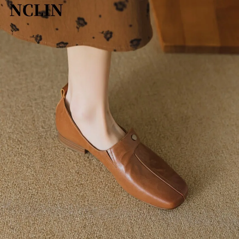 Spring Women Pumps Genuine Leather Women Shoes Casual Square Toe Loafers Chunky Heel Slip-On Shoes For Women Zapatos De Mujer