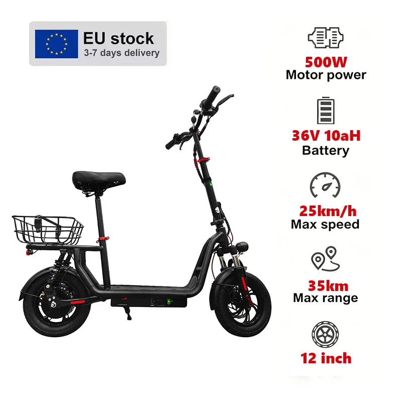Trottinette électrique EB5 pour adultes, homologuée UE, 25 km/h, grandes roues de 12 pouces, double suspension, assise confortable, capacité de charge de 150 kg, IP54, longue autonomie, prise UE