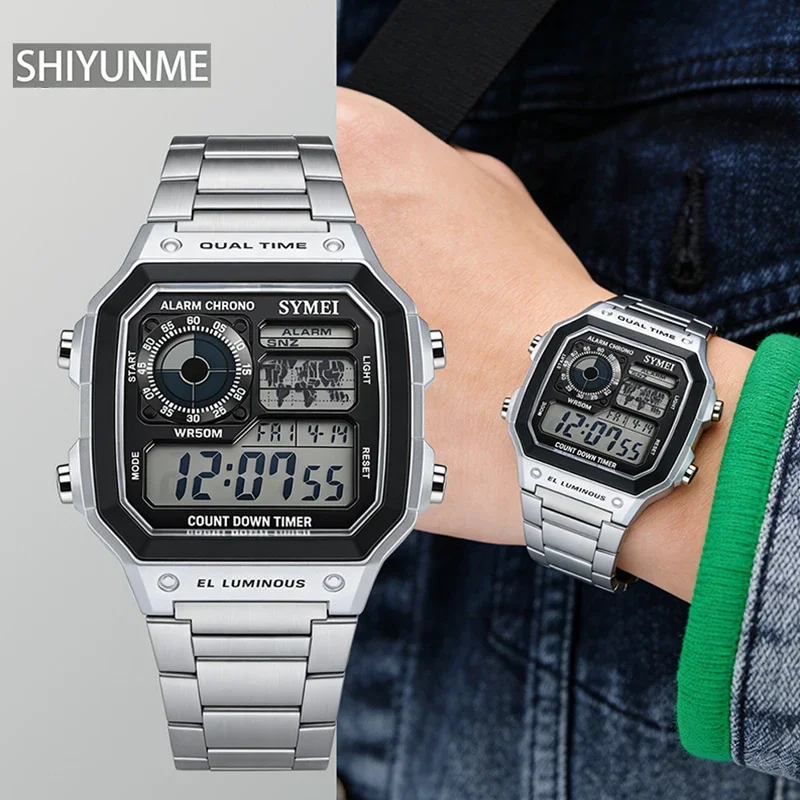 SHIYUNME 1pc Square Luxury Men's Electronic Watch Multifunction LED Luminous 5Bar Waterproof Fashion Men's Sport Digital Watch
