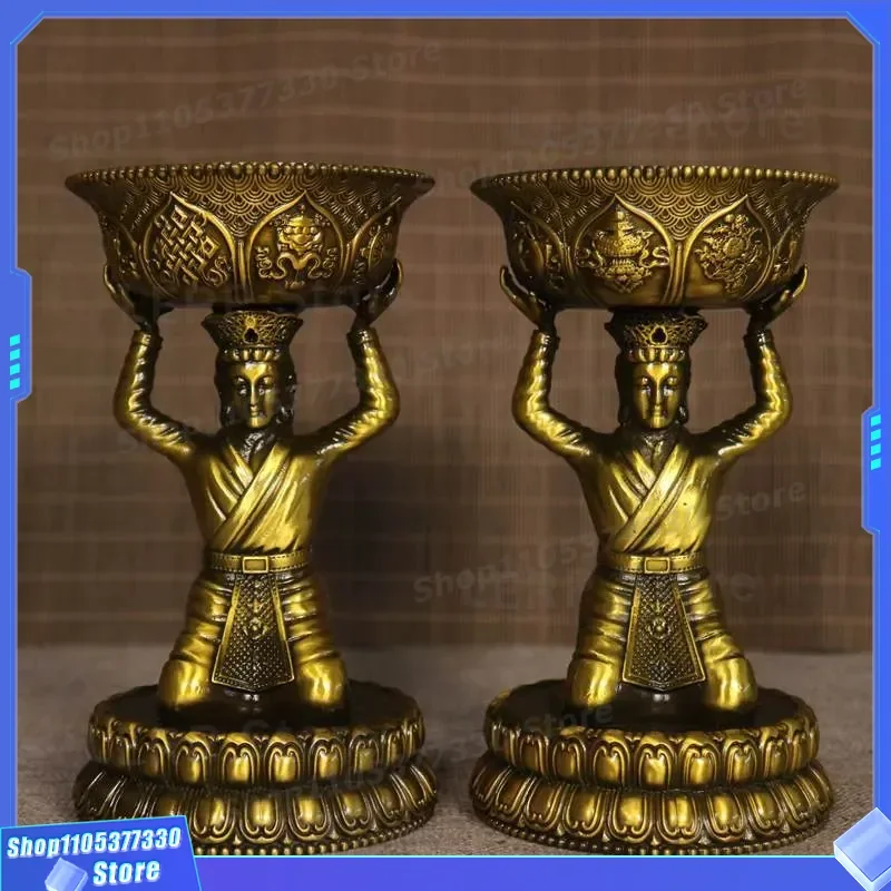 Tibetan Style Pure Brass Butter Lamp Old Casting Figure Shape Maid Oil Lampstand for Buddha Worship Home Decor Lighting