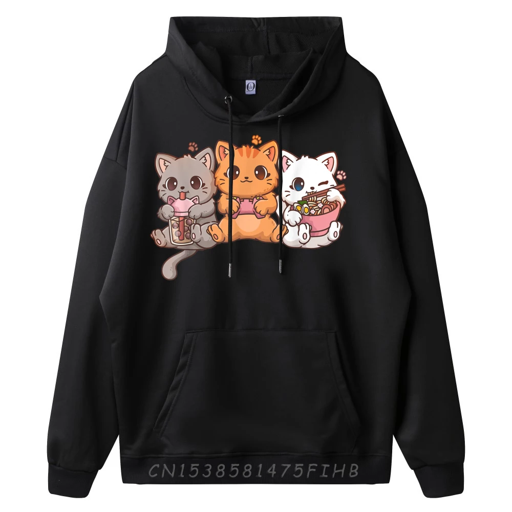 Kawaii Gaming Gamer Cat Boba Tea Cat Bubble Tea Ramen Cats Funny Shirts Male Custom Hoodies Casual