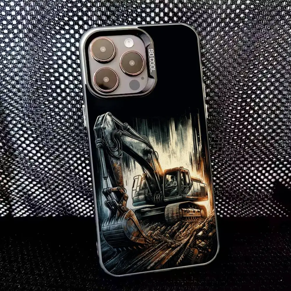 iPhone 16、15、14、13、12、11、8、7、Pro、Max、Plus、Mini、XS、SE用ショベルカー風スマホケース、耐衝撃、ブラックマットハード