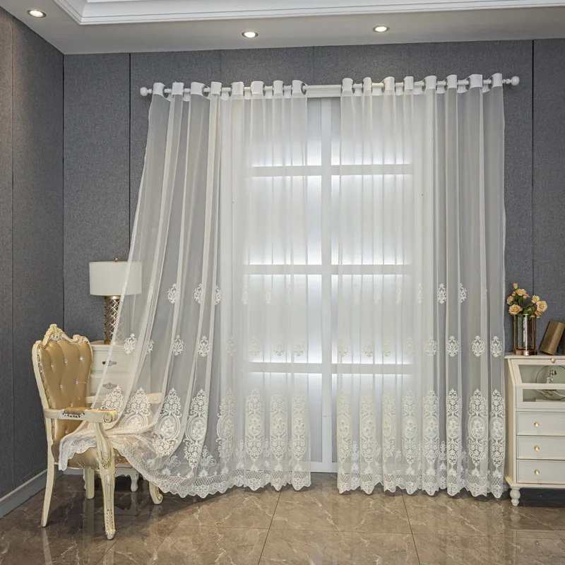 European Sheer Curtains Petals Nail Bead Embroidery Curtains Living Room Bedroom Dining Room Study Finished Gauze Curtains