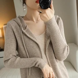 100% pure merino wool sweater cashmere women's knitted O-neck zipper hooded cardigan in autumn and winter