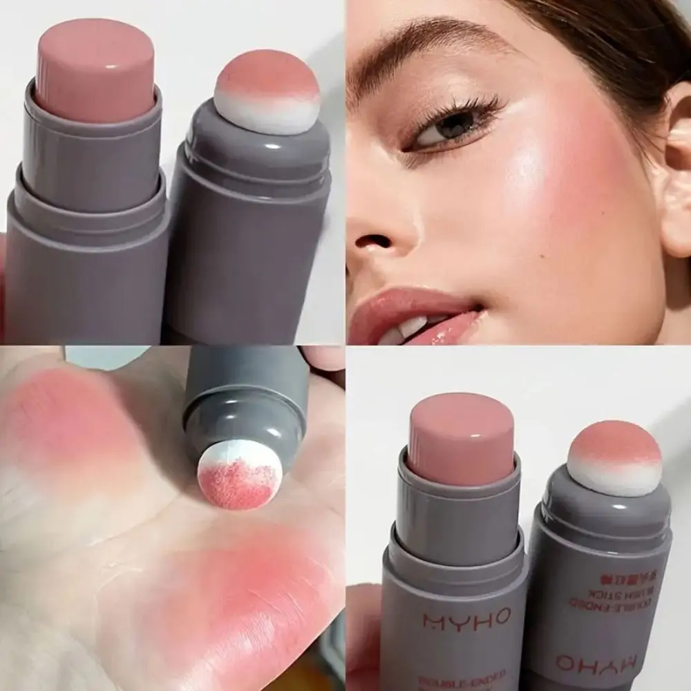 with Sponge 3-in-1 Blush Lipstick Cheek Lip Tinted Double Head Rouge Cream Moisturizing Matte Shimmer Blusher Stick