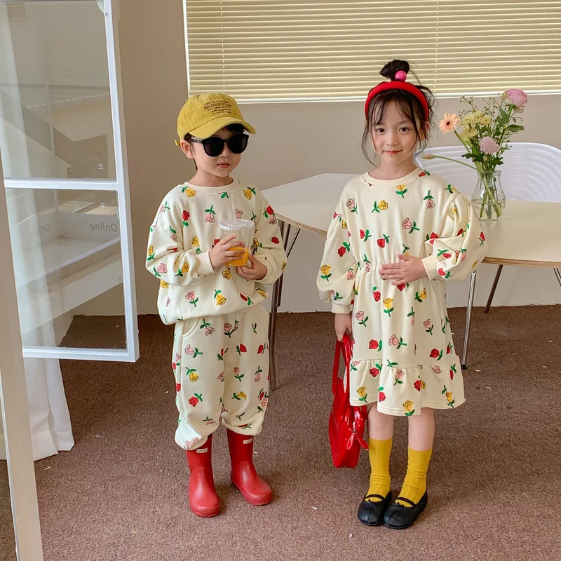 

Children Autumn Clothes Brother and Sister Matching Outfits Little Girl Long Sleeve Dress Korean Style Boys Kids Two Piece Sets