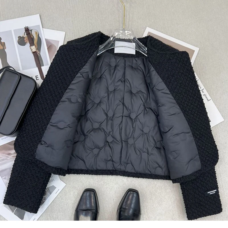 Schwarze Daunen Baumwoll jacke Damen Herbst Winter zweireihig elegant lässig kurz schick Dec klack O-Ausschnitt Tweed warme Outwear Lady