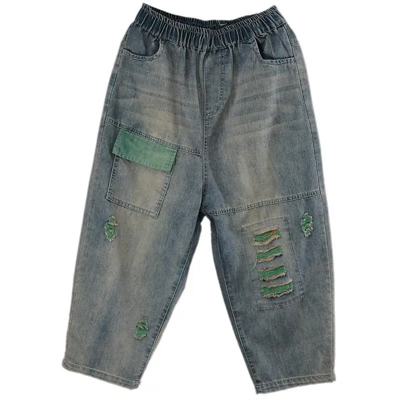 

Новые летние женские джинсы Nine Cent с пирсингом в стиле ретро, свободные и узкие брюки-харун контрастного цвета для женщин M208