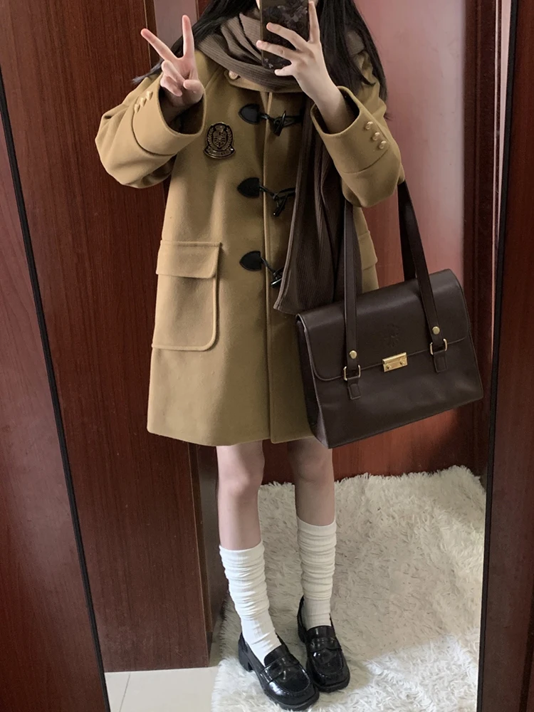 Damski płaszcz wełniany JK w stylu college, zimowy, brązowy płaszcz typu duffle z guzikami z rogu, płaszcze college Laike dla kobiet, nowość 2025