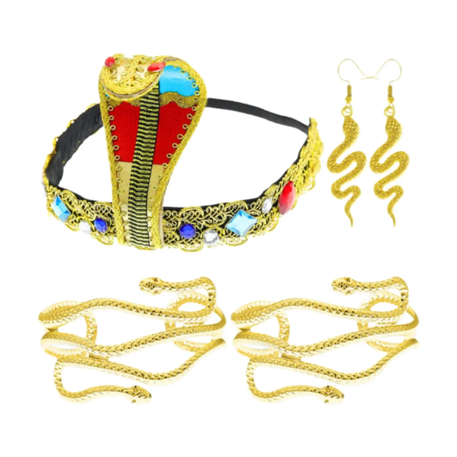 Accessoires de Costume de reine égyptienne, bandeau égyptien, manchettes de bras de serpent en or, boucles d'oreilles serpent pour fête de Festival de carnaval d'halloween