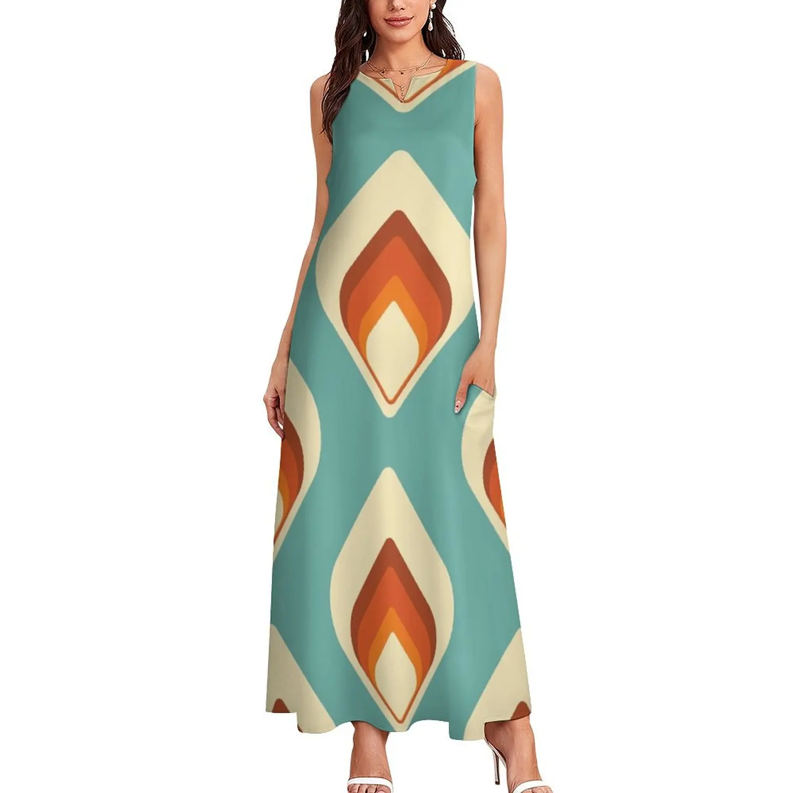 Mid-Century Modern Blue and Cream Tear Drop Long Dress women long dresses dresses ladies 2025 summer