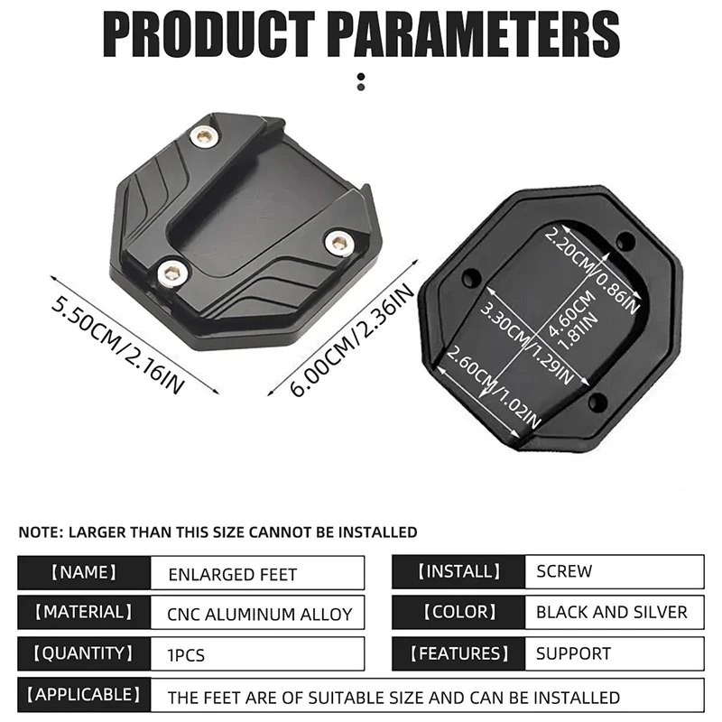 CNC Liga De Alumínio Motocicleta Bicicleta Kickstand Extender, Pé Side Stand Extension Pad, Placa de Suporte, Base Ampliada Anti-Skid