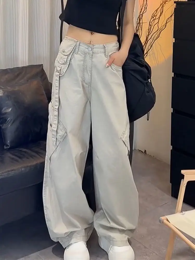 

Women's Apricot Color Pocket Jeans Summer High Street American Vintage Y2k Workwear Design Loose Casual Drooping Wide-Leg Pants