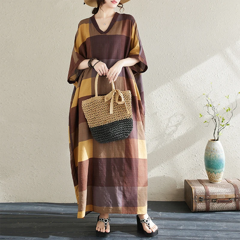 Letnia kwiecista sukienka w stylu vintage, długa, z dekoltem w serek, retro, z bawełny i lnu, jednoczęściowa spódnica, duży rozmiar, długa, do pracy, z nadrukiem...