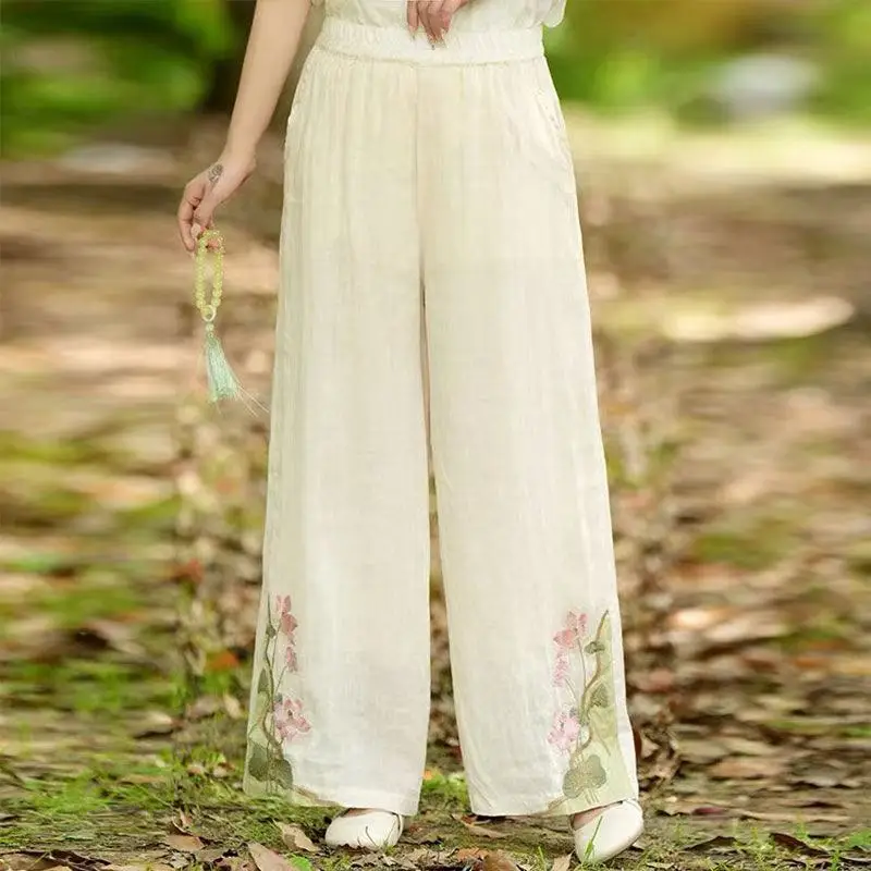 Pantalon rétro brodé en coton et lin pour femmes, jambes larges, léger, respirant, décontracté, été