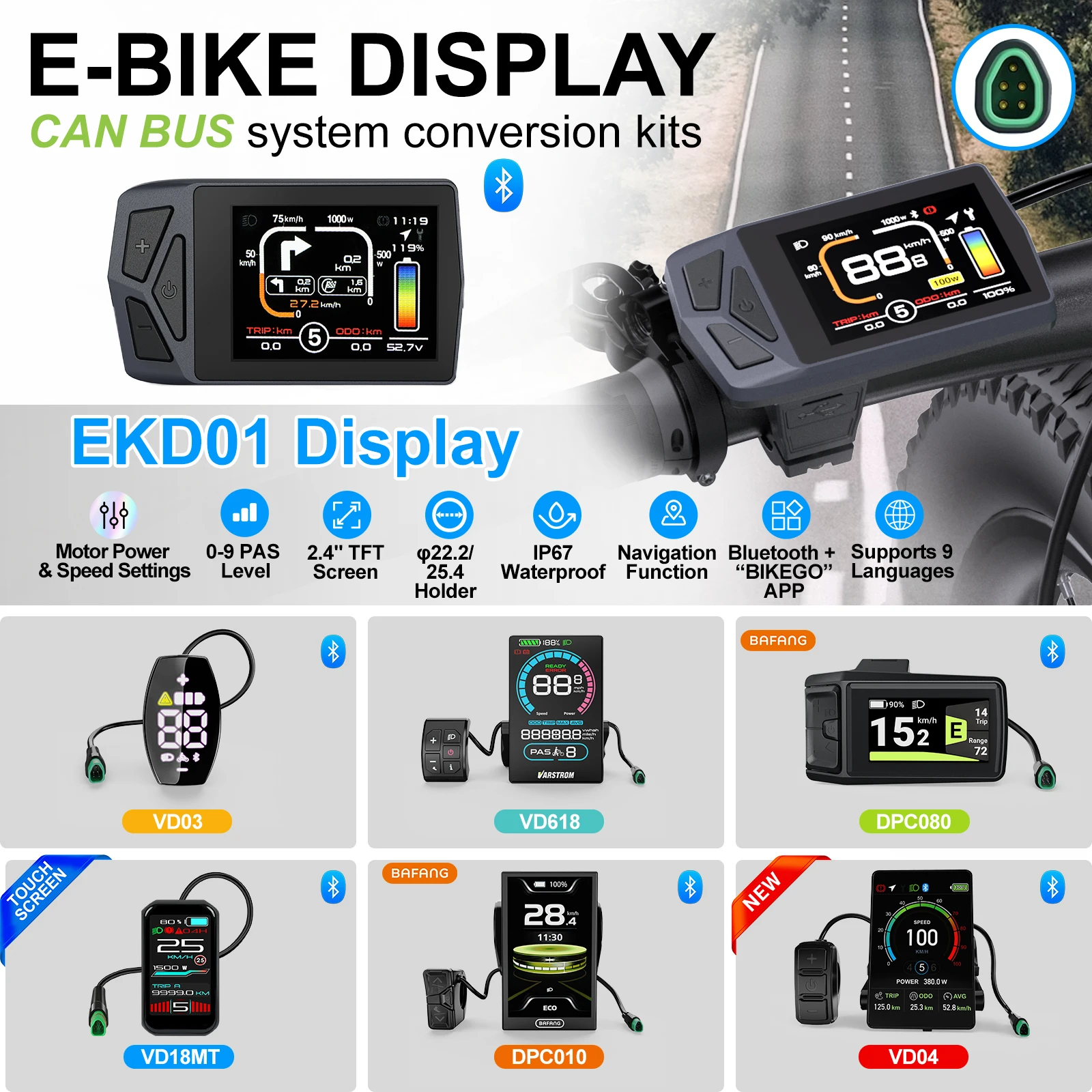 

EKD01 Electric Bike Display CAN / UART Bluetooth Navigation Multilingual eBike Computer 9 PAS For BAFANG Motor Protocol 5PIN IP6