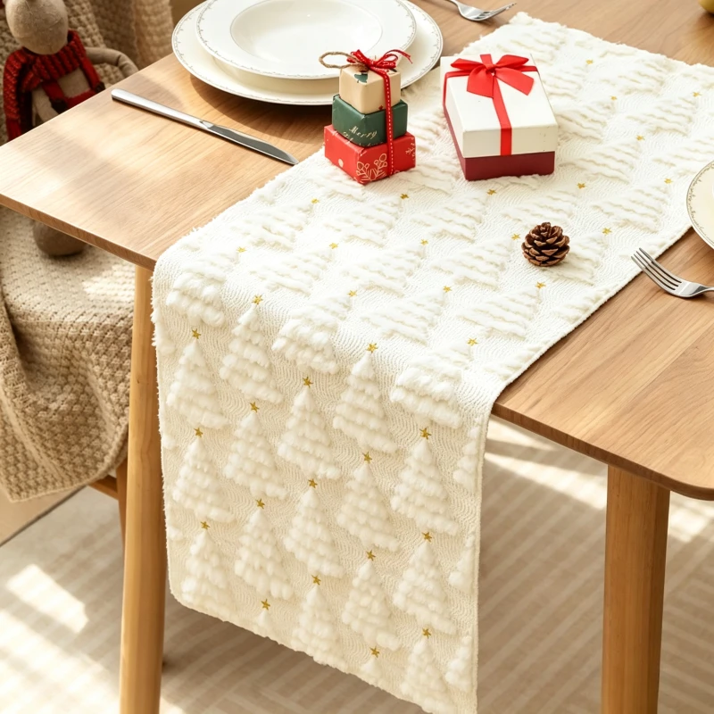 Embossed Christmas Tree and Star Textured Table Runner , Festive Dining Table Decor Cloth, Washable Christmas Party Supplies