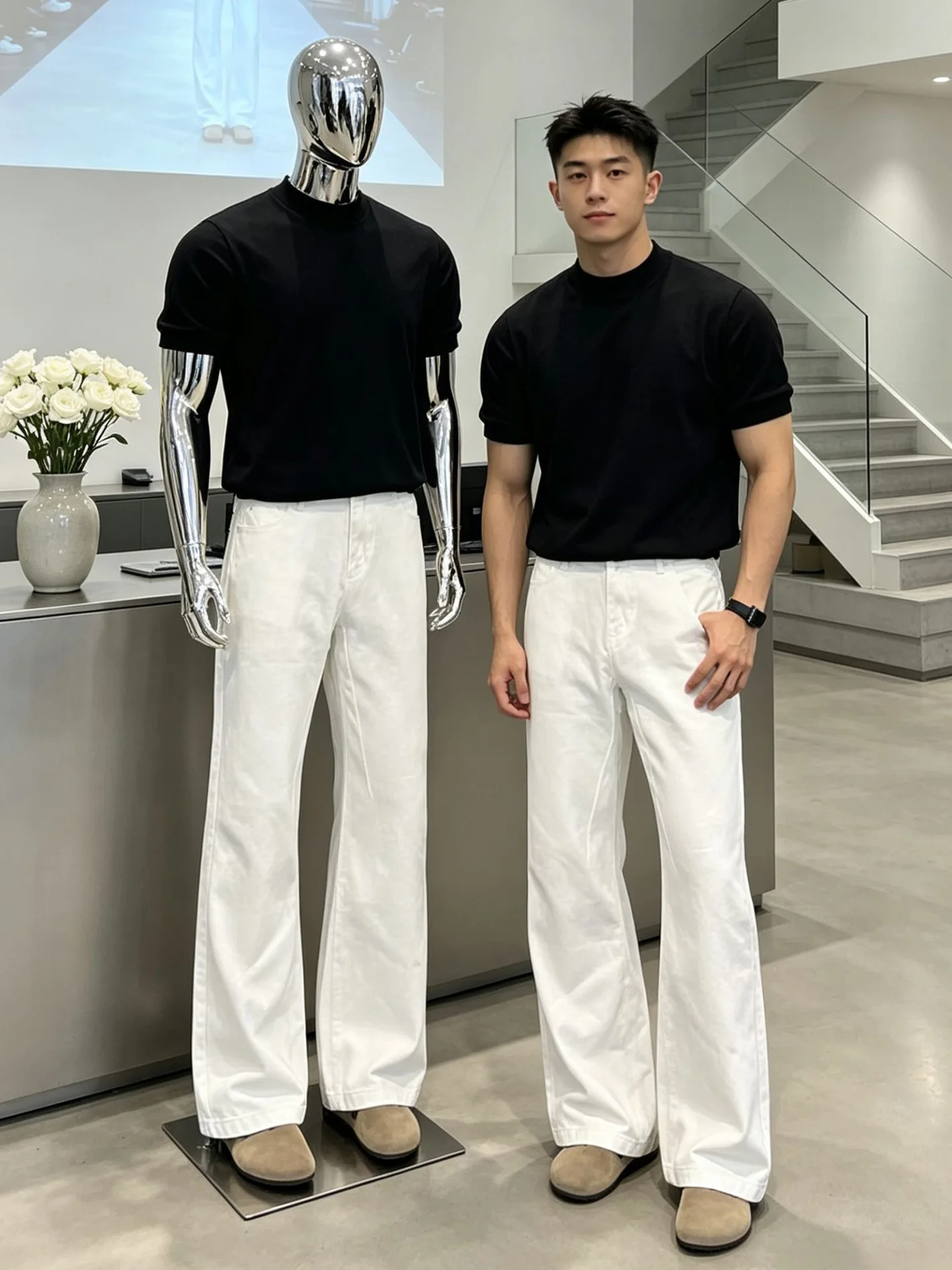White High Waist Knife  Jeans Men's American High Street Luxury Slim Fit Micro Flare Pants Clean Fit Straight Leg Jeans