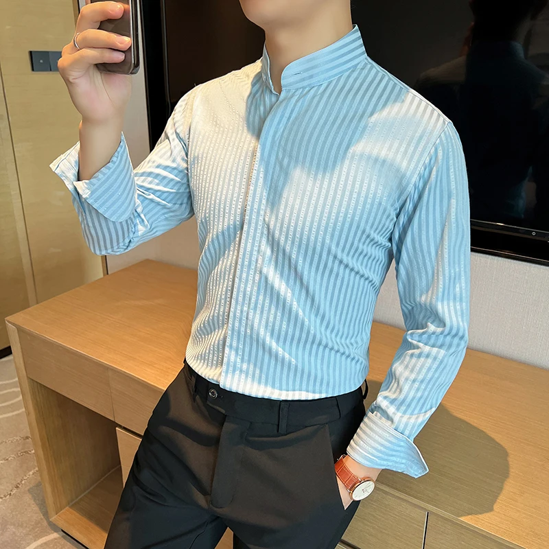 

Осенне-зимняя полосатая рубашка с длинными рукавами для мужчин, повседневные рубашки с воротником-стойкой, тонкая деловая социальная форма, официальная классическая рубашка