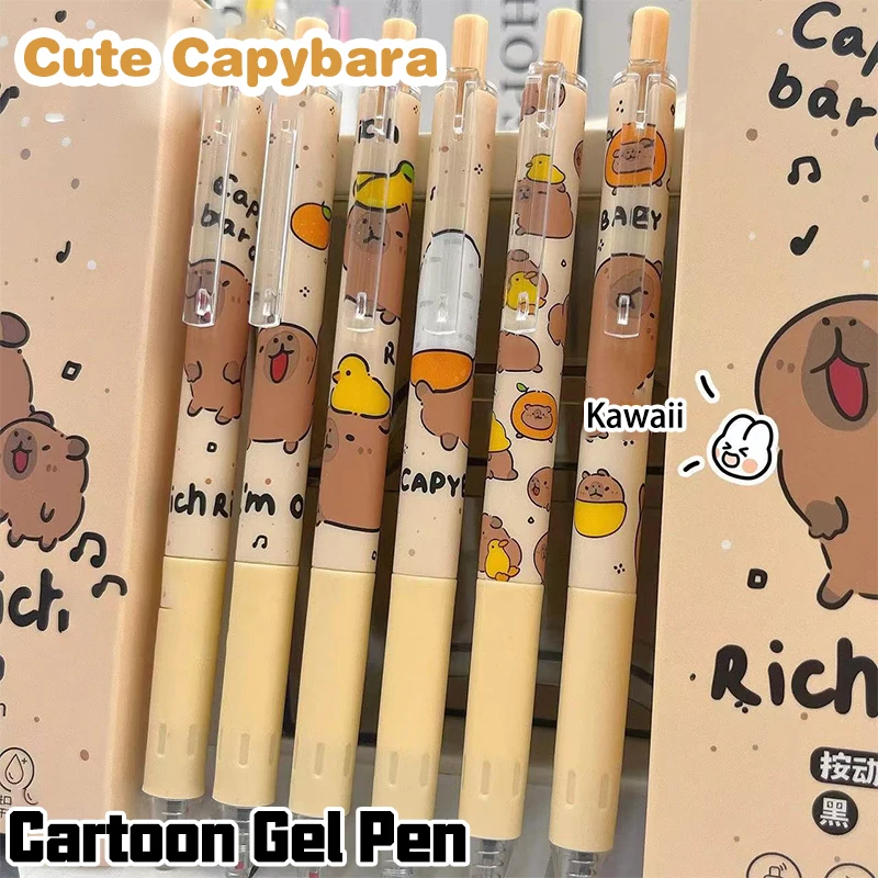 6Pcs Kawaii Cartoon Capybara Gel Pen Cute Quick-Drying Writing Smooth Pressing Neutral Pen School Supplies Aesthetic Stationery