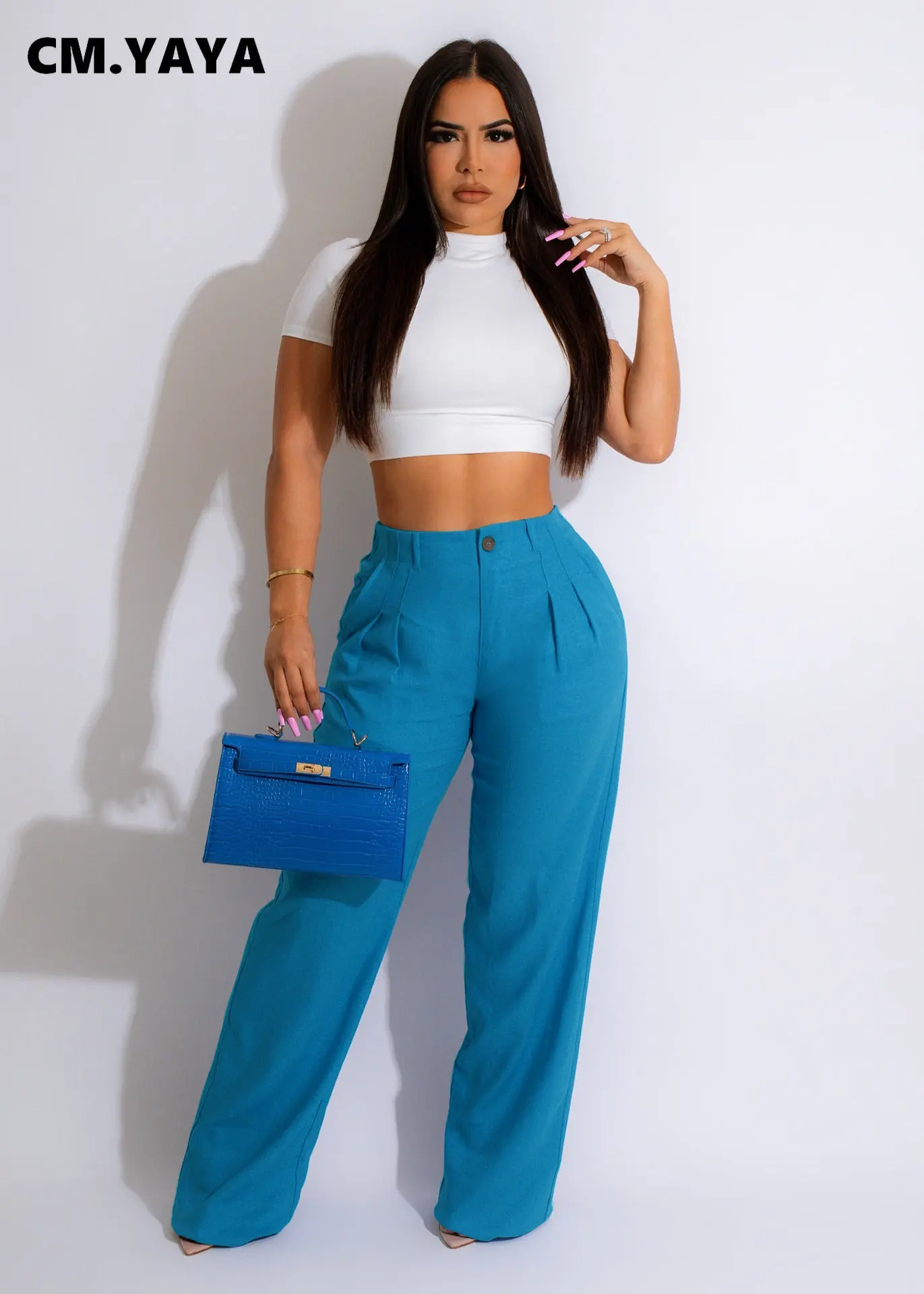 CM.YAYA Fashion Women Straight Wide Leg Zipper Fly Draped High
