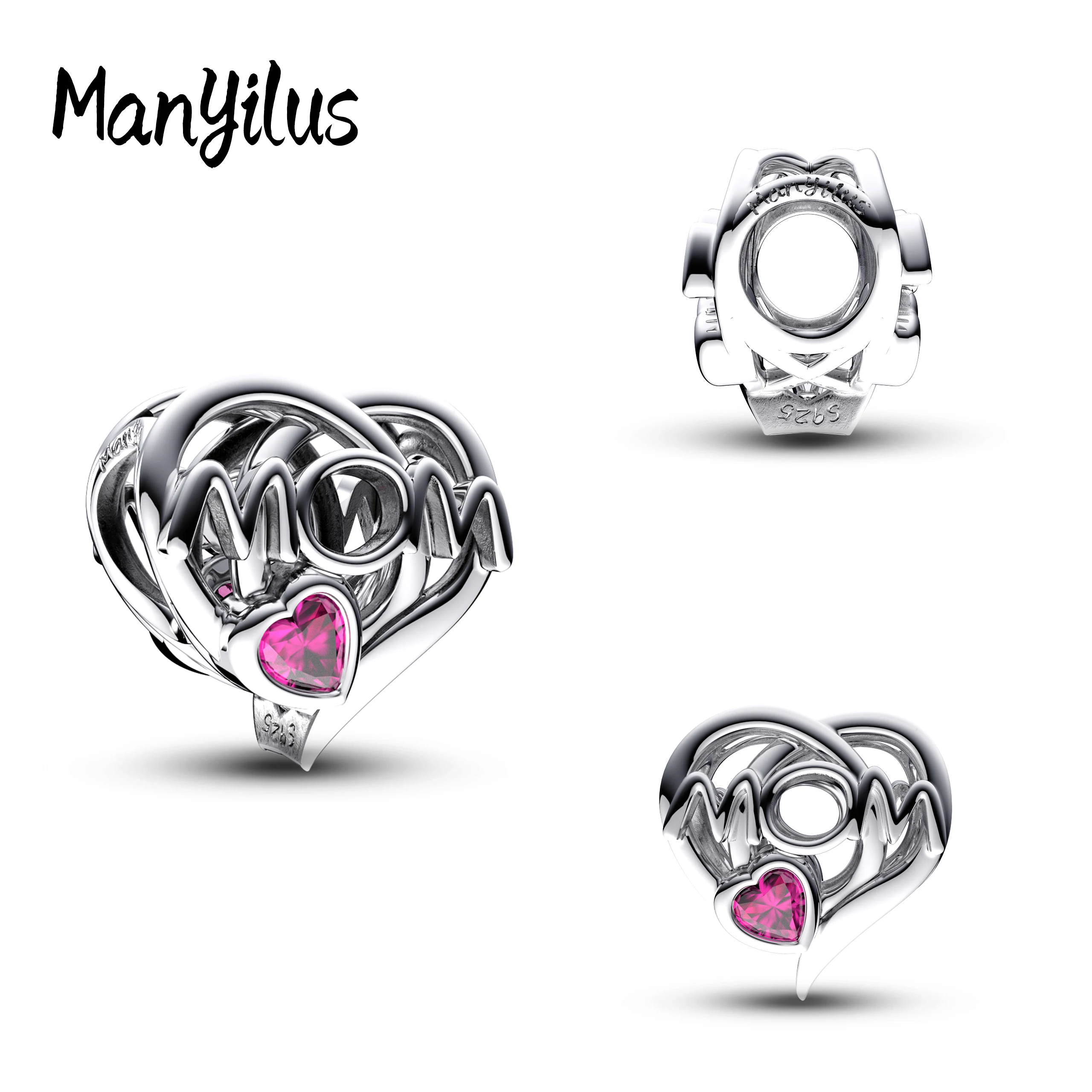 Manyilus 925 Silver MOM Heart Charm Bead Engraved Words Red Enamel Fit Original Charm Bracelets Women Jewelry Gift