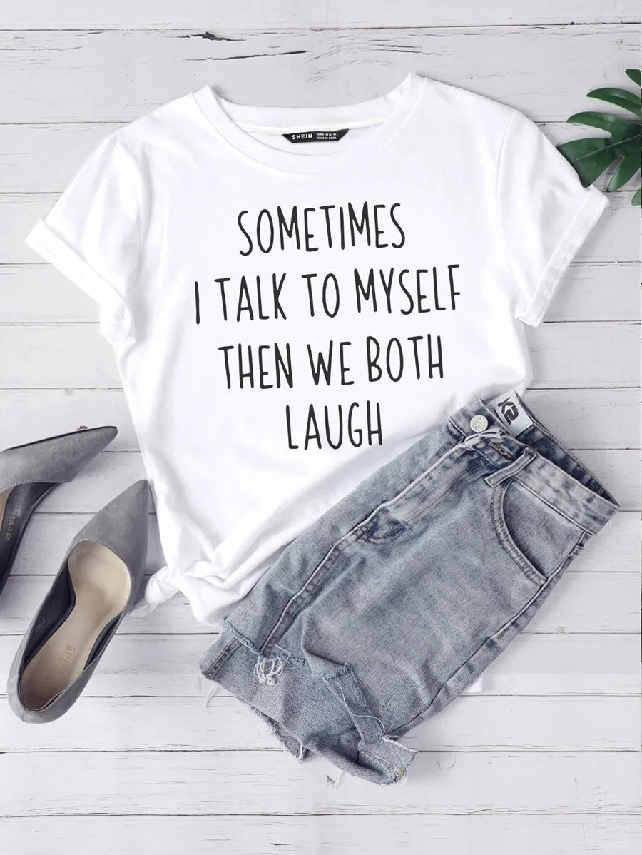 Camiseta con eslogan humorístico de talla grande "SOMETIMES I TALK TO MYSELF", blanca, manga corta