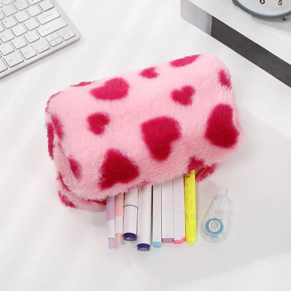 Makeup Bag Organizer Pencil Pouch Fluffy Plush Makeup Bag with Heart Pattern Zipper Cosmetic Pouch Travel Toiletry for Women