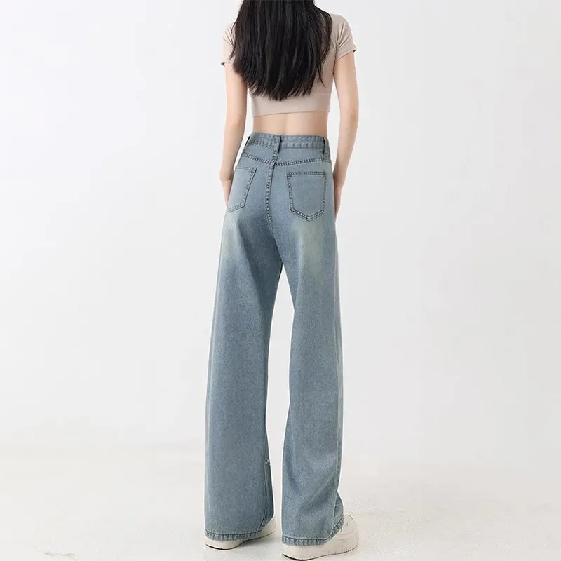 Luz azul bordado denim orts feminino verão fino solto emagrecimento gelo seda perna larga calças compridas cintura alta