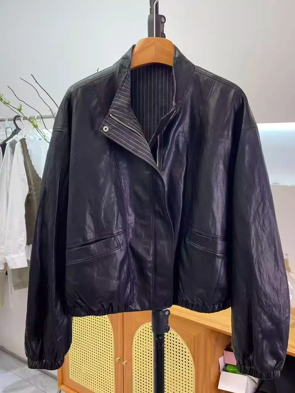 

Bla ort PU Leather Jaet Large Size 300 Pou Design Sense ex Spring Autumn Vintage Stand Collar Loose Fit Coat