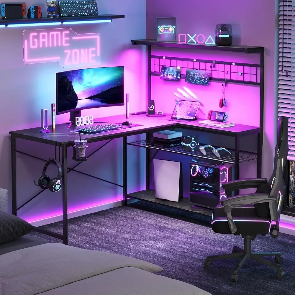 

Gaming Desk 51" L-Shaped, with Power Outlets & LED Lights- 4 Tier Shelves, Reversible Gamer Table