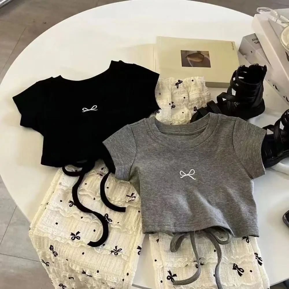 Fashion Lace Up Teens Bow T-shirts Short Sleeve Korean Style Slim Crop Top Summer Sweet Girl's Top Children
