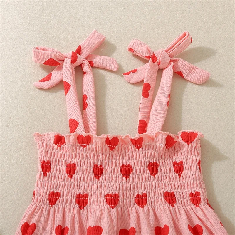 Baby Girls Valentine s Day Jumpsuit Love Heart Pattern Bow Smocked Suspender Sleeveless Rompers