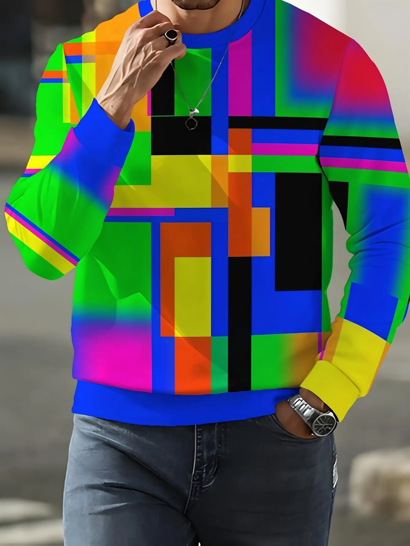 Men Crewneck Sweatshirt, Colorful Geometric Block Abstract Print Polyester Casual Pullover