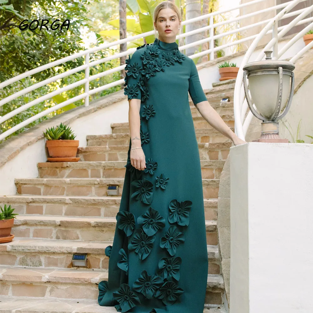 GORGA Green High Neck 3D Flowers Evening Dresses Arabia Crepe Half Sleeve Straight Formal Occasion Dress Floor-Length Party Gown