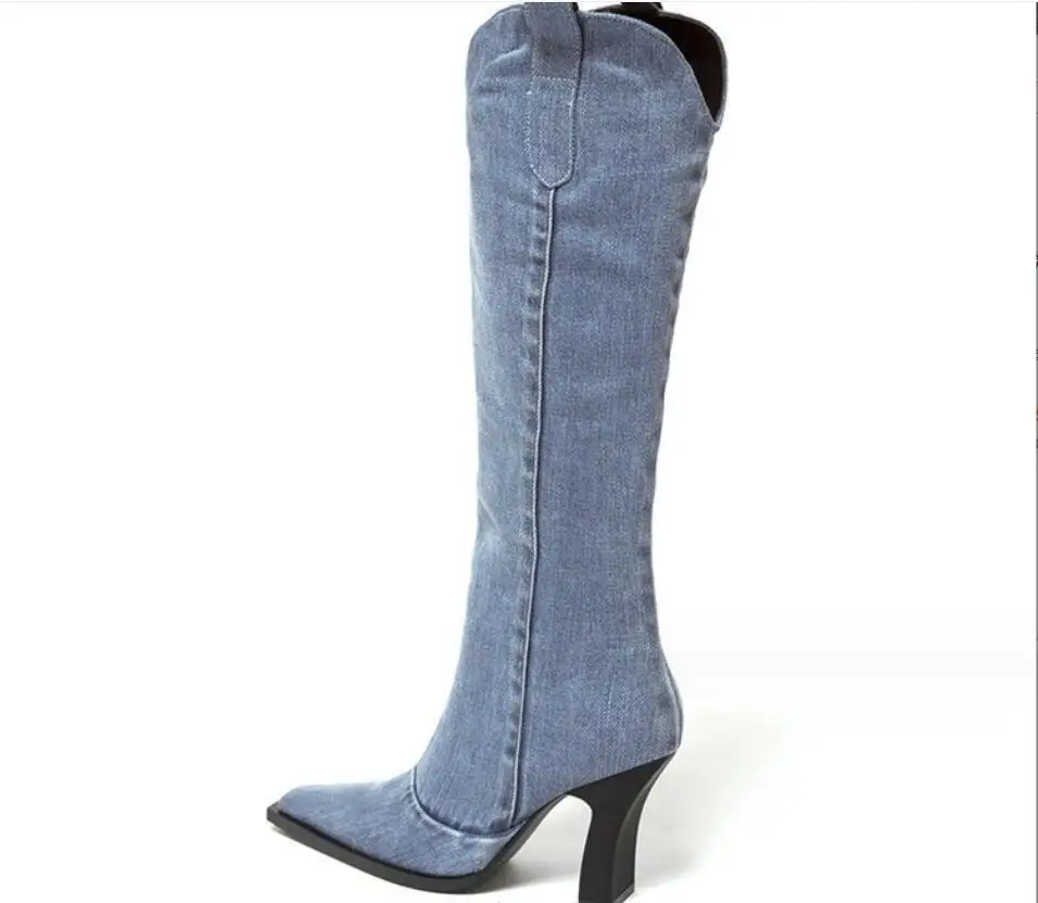 Dedo apontado Joelho botas altas para mulheres, sapatos de camurça, longo, salto azul, tamanho grande, senhoras, vaqueiro ocidental, alta qualidade, inverno, novo