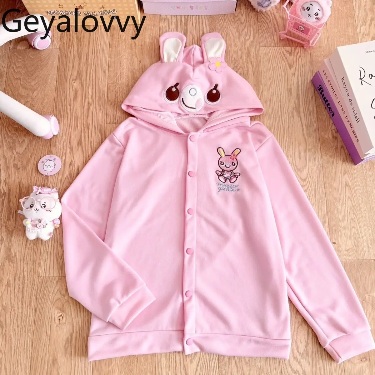 

Japanese Style Cute Pink Bunny Sweet Pink Cute Casual Long Sleeve Girl Sweatshirt Autumn Loose Fit Women's Coats Spring